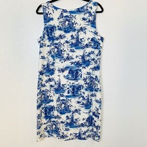 Madison Leigh Sleeveless Sheath Dress Womens 14 Blue White Toile Chinoiserie